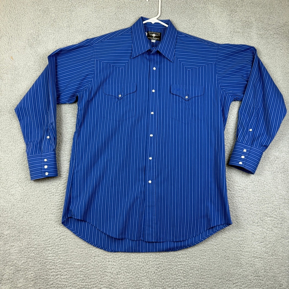 VTG Flying R Ranchwear‎ Men's Blue Pinstripe Western Snap Button Shirt 17-34